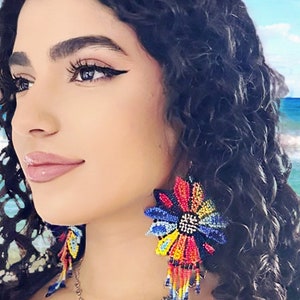 Unique Mexican Flower Beaded Dangle Earrings, Beaded Earrings, Multicolored Earrings, Chaquira Earrings, Huichol Earrings
