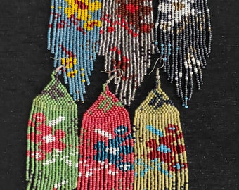 Unique Mexican Flower Beaded Dangle Earrings/Multicolored/ Chaquira