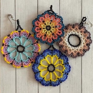 Mexican Flower Beaded Dangle Earrings: Huichol Mayan Jewelry