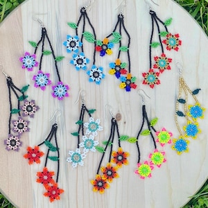 Mexican Flower Beaded Dangle Earrings, Flowered Huichol earrings, Huichol Beaded, Multicolored earrings, earrings dangle, Gifts For Friends,