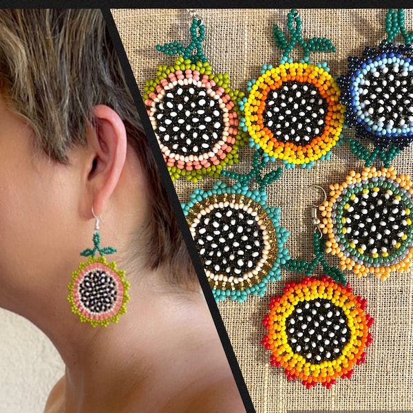 Colorful Beaded Sunflower Earrings Summer Flower Earrings Handmade for Her Mexican Unique Beaded Floral Chaquira Earrings