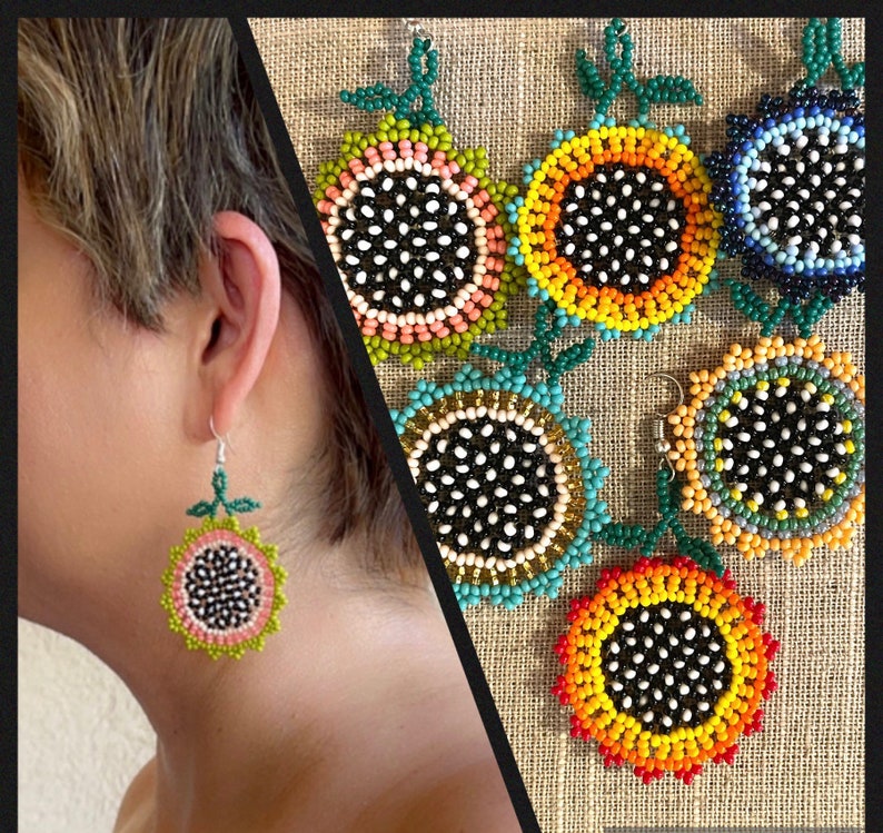 Colorful Beaded Sunflower Earrings Summer Flower Earrings Handmade for Her Mexican Unique Beaded Floral Chaquira Earrings image 1