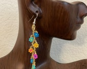 Flower Chain Beaded Chaquira Dangle Earring  by Mayan Artists in Mexico Multicolored Rainbow Summer Jewelry Gift