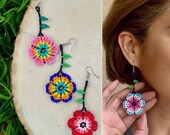 Mexican Flower Beaded Dangle Earrings, Flower Huichol Beaded Chaquira earrings, Flower earrings, Native american earring, Long Earrings,