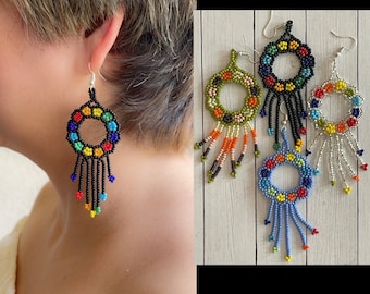 Mexican Huichol Earrings - Artisan Made Beaded Indigenous Mexican Earrings - Unique Rainbow Earrings