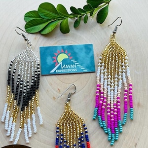 Unique Mexican Beaded Earrings, Huichol Earrings, White Handmade Indigenous Native Gold Glass Beaded Earrings Summer Jewelry, Mayan Earrings