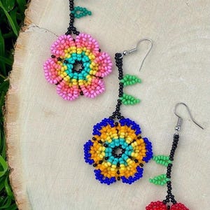 Mexican Huichol Beaded Flower Dangle Earrings