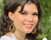 Unique Mexican Painted Wood Earrings / Mexican Boho Colorful Traditional Earrings / Hoop Dangle Teardrop Earrings