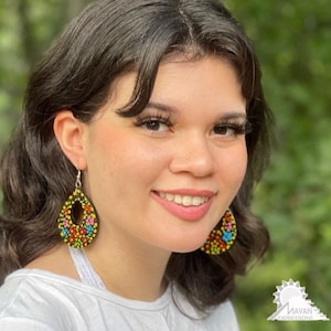 Unique Mexican Painted Wood Earrings / Mexican Boho Colorful Traditional Earrings / Hoop Dangle Teardrop Earrings