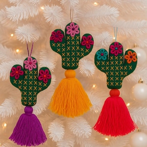 Felt Cactus Ornament with Tassel, Embroidered Mexican Decor
