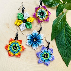 Mexican Beaded Flower Dangle Earrings: Chiapas Artisan Jewelry