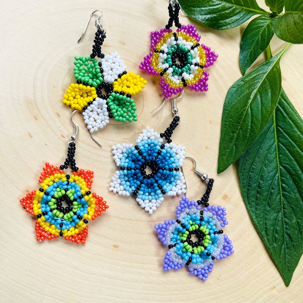Mexican Flower Beaded Dangle Earrings, Chaquira earrings, Flower earrings, Flower earrings dangle, Huichol earrings