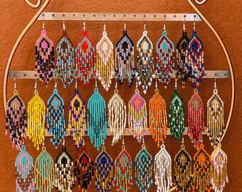 Mexican Huichol Earrings - Artisan Made Beaded Indigenous Mexican Earrings - Unique Rainbow Earrings