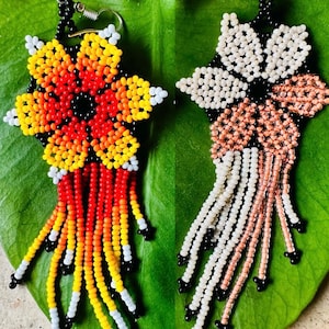 Mexican Beaded Long Flower Earrings Colorful Handmade Seed Bead Boho Jewelry Summer Jewelry