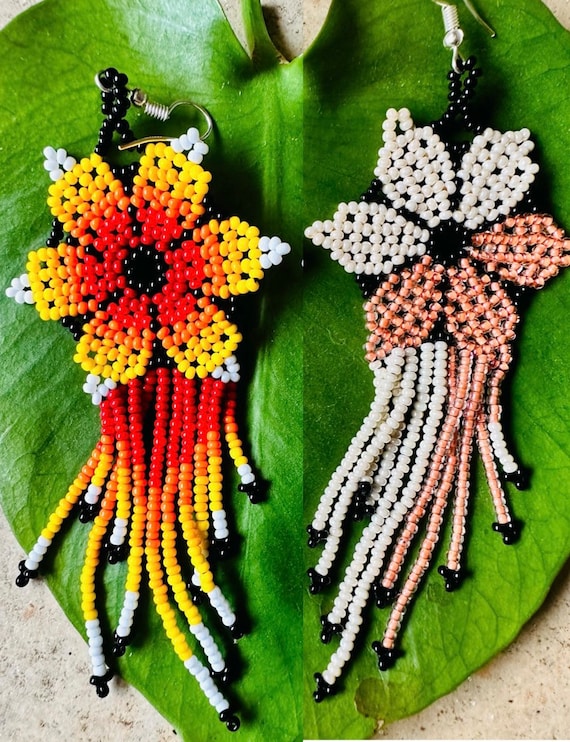 Buy Mexican Beaded Long Flower Earrings Colorful Handmade Seed