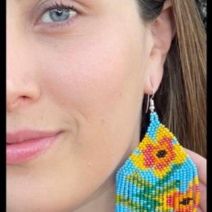 Unique Mexican Flower Beaded Dangle Earrings/Multicolored/ Chaquira