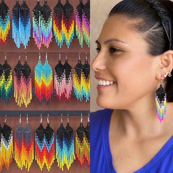 Unique Mexican Beaded Earrings, Huichol Earrings,  Beaded Earrings Summer Jewelry