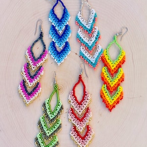 Unique Mexican Beaded Dangle Earrings, Beaded Earrings, Huichol Earrings,  Multicolored Long Statement Seed Bead Earrings, Handmade Earrings