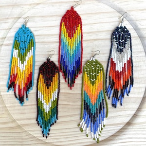 Long Beaded Earrings, Teal & Rainbow Fringe, Inspired by Indigenous Chiapas Culture, Lightweight Statement Earrings, Gift for Her
