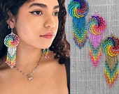 Mexican Beaded “Chaquira” Earrings, Mayan Artesanías, holiday earrings, indigenous earrings, long earrings, earrings Huichol