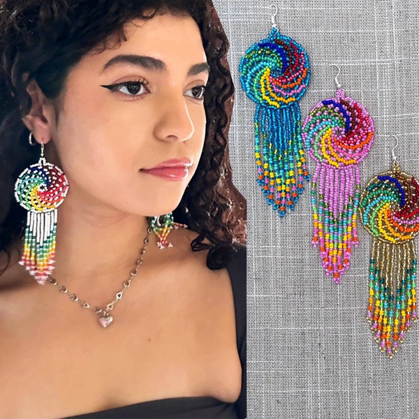 Mexican Beaded “Chaquira” Earrings, Mayan Artesanías, holiday earrings, indigenous earrings, long earrings, earrings Huichol