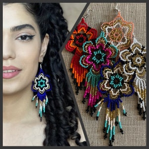 Mexican Beaded Flower Dangle Earrings - Handmade Statement Flower Chaquira Earrings - Native Style Seed Bead Summer Earrings