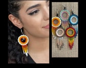 Unique Mexican Beaded Dangle Earrings/Multicolored Hoop Dangle Earrings/ Seed Bead Chaquira Earrings/ Colorful Statement Summer Earrings