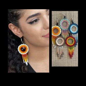 Unique Mexican Beaded Dangle Earrings/Multicolored Hoop Dangle Earrings/ Seed Bead Chaquira Earrings/ Colorful Statement Summer Earrings image 1