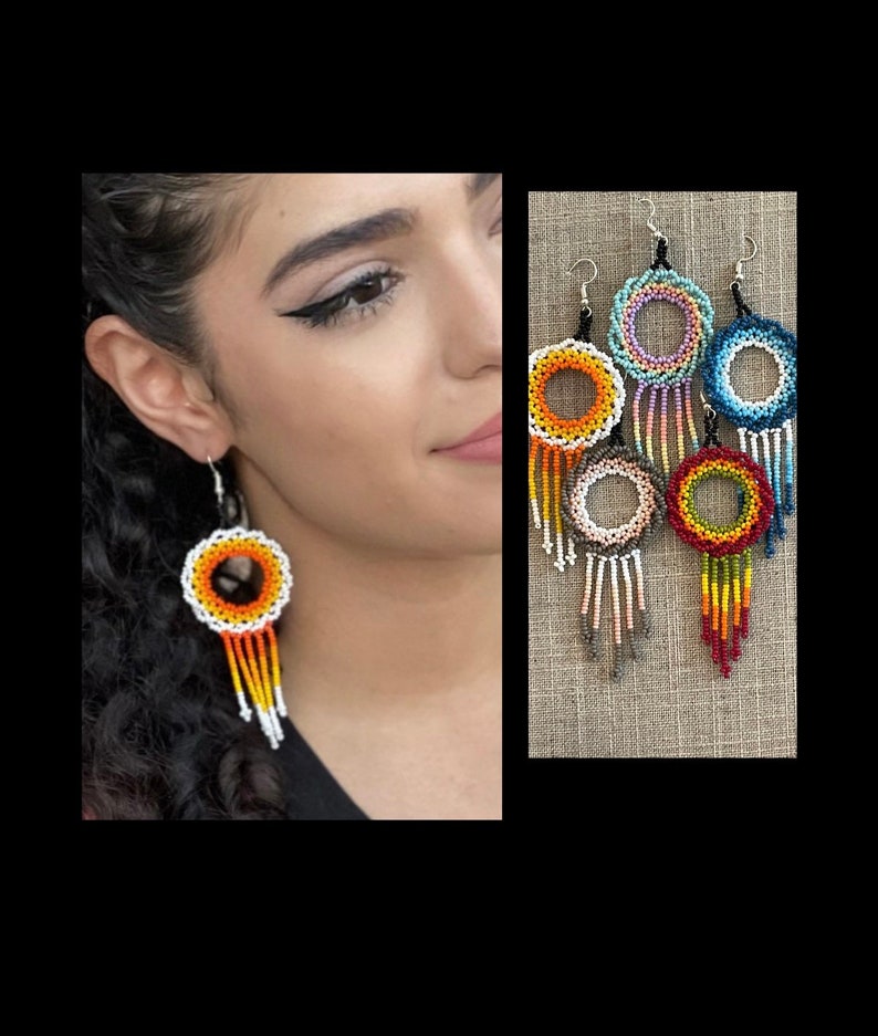 Unique Mexican Beaded Dangle Earrings/Multicolored Hoop Dangle Earrings/ Seed Bead Chaquira Earrings/ Colorful Statement Summer Earrings image 1