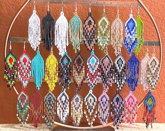 Mexican Huichol Earrings - Artisan Made Beaded Indigenous Mexican Earrings - Unique Rainbow Earrings