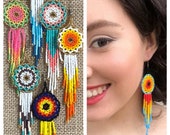 Mexican Beaded “Chaquira” Earrings, Mayan Artesanías, holiday earrings, indigenous earrings, long earrings. Dream Catcher Huichol earrings