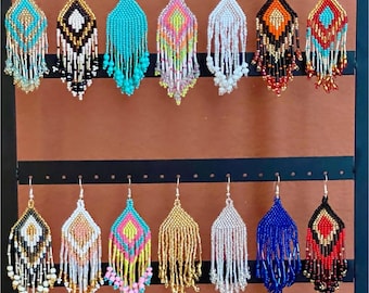 Beaded Earrings, Large Beaded Earrings, Mexican Huichol Earrings,  Beaded Indigenous Mexican Earrings, Valentine&#39;s Day gifts, Gift for frien