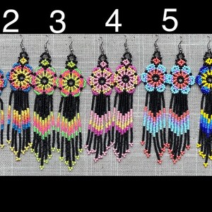 Unique Mexican Flower Beaded Dangle Earrings/Multicolored/ Chaquira imagem 4