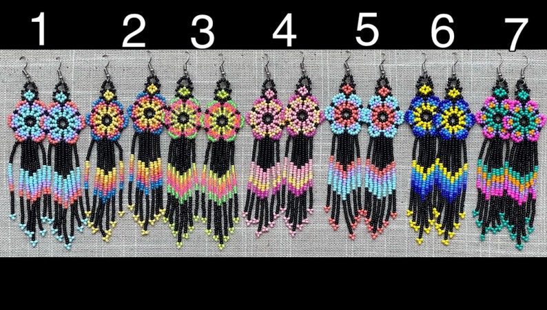 Unique Mexican Flower Beaded Dangle Earrings/Multicolored/ Chaquira image 4