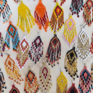 Mexican Beaded Earrings: Huichol Artisan Rainbow Fringe Earrings
