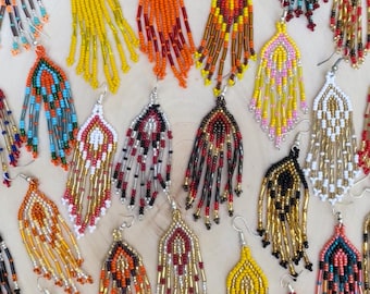 Mexican Beaded Earrings: Huichol Artisan Rainbow Fringe Earrings