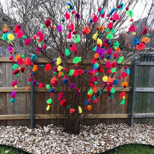 Mexican Pompoms/ Multi colored pompom garlands/ Mexican fiesta decor/Wall decorations/ Tassels/ Whit bell.