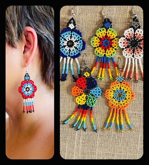 Unique Mexican Flower Beaded Dangle Earrings/multicolored/ Etsy