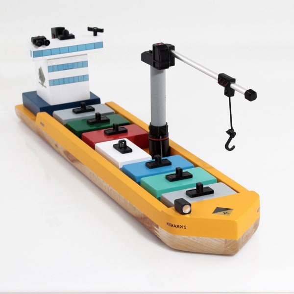 Container wood ship toy, Wooden ship toy with crane, Cargo ship, Montessori toy, Big size handmade toy, Educational toy, Kraken Cargo ship