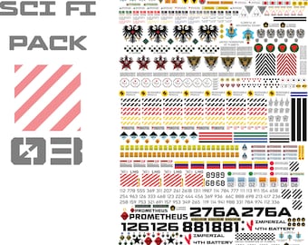 Sci-Fi Waterslide Decals, Action Figures Custom models, warning diorama, Mech warrior robots, decals for space ship, diecast models, pack 03