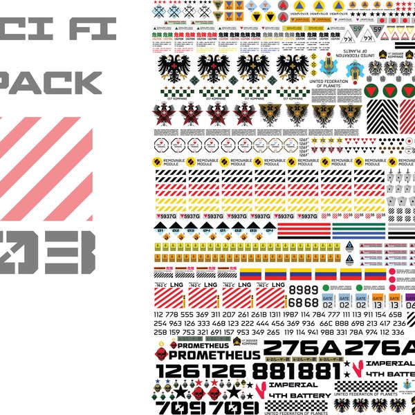 Sci-Fi Waterslide Decals, Action Figures Custom models, warning diorama, Mech warrior robots, decals for space ship, diecast models, pack 03