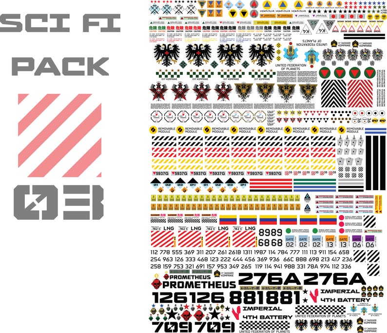 Sci-Fi Waterslide Decals, Action Figures Custom models, warning diorama, Mech warrior robots, decals for space ship, diecast models, pack 03 image 1