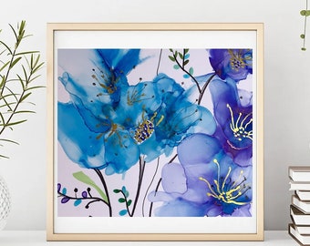 Blue and Purple, Gold Flower, Digital Download, Art Printable, Poster, Wall Decor, Floral Art, Home Decor, Nature Print, alcohol ink art