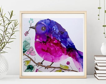 Cute Bird Art, Alcohol Ink Art, Poster, Digital Download, Printable, Wall Decor, Nature Art, Bird Wall Art