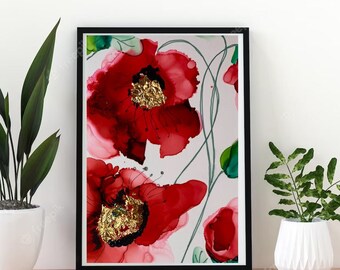 Red and Gold Poppy Flower, Poster, Alcohol Ink Art, Abstract Flower, Printable Download, Wall Decor, Floral Art