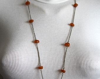 Collier Vintage Pendentif En Ambre - Chaîne, Référence N426 - Bijou Ancien - Occasion