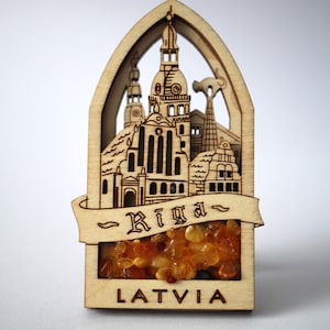 3D Fridge magnet Riga Old town theme souvenir Latvia travel gift handmade with natural amber in wooden frame #29