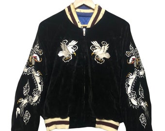 Vtg!!!Rare Souvenir Sukajan Satin Reversible Jacket/Switch Embroidery Garment/Tailor Hand Embroidery