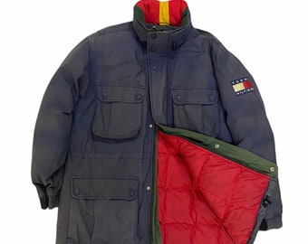 Vtg!!!Rare 90’s Tommy Hilfiger Puffer Goose Down Jacket/Hidden Hoddie/Sunfaded Jacket/Size L