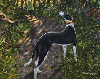 I asked Mr Magpie what he knew... Giclee print, greyhound, greyhound art, whippet, Original painting Steve Sanderson, art print